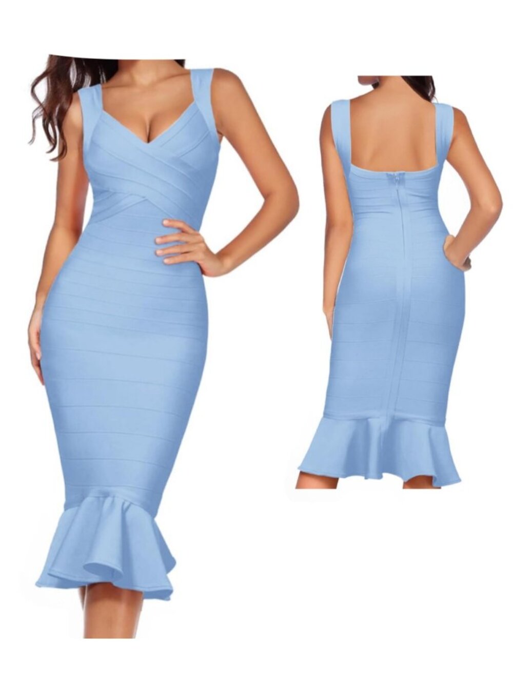 Blue Sleeveless Bodycon Midi Bandage Dress Ruffled Hem Women Size L